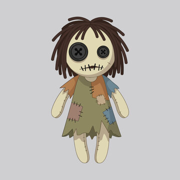 Creepy Rag Doll Illustration with Large Button Eyes Stitched Mouth and Tattered Patched Clothing for Halloween Horror Decor Vector Art Icon Isolated on Gray Background