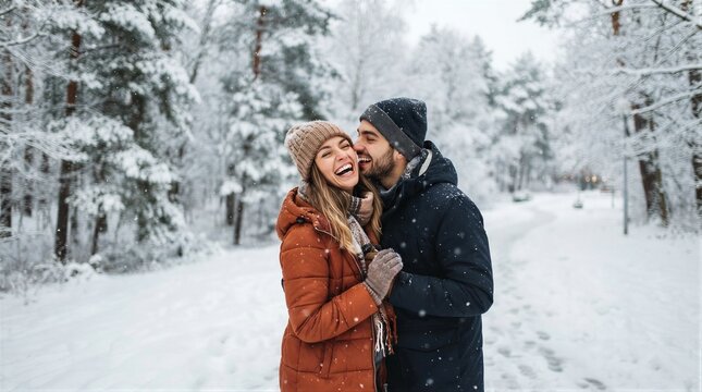 Couple embracing and kissing on snowy forest path