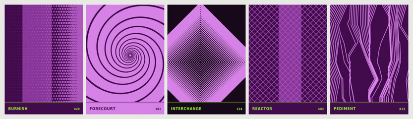 Abstract geometric violet and pink line poster set with five designs. Featuring dot, spiral, diamond patterns for wall art and print. © STEAM