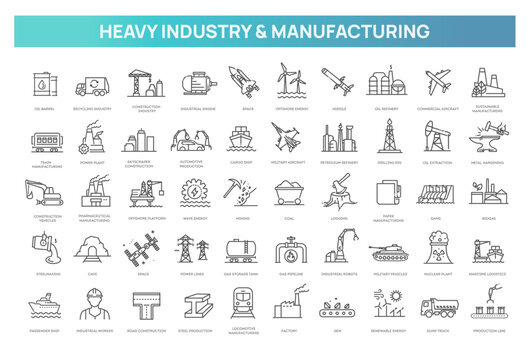 Heavy Industry and Manufacturing Line Icons Set