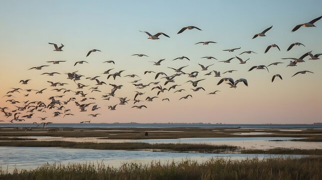 Migratory Birds Soaring Over Coastal Wetlands Under a Blue and Orange Sky