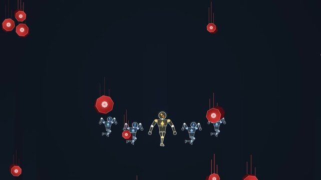 Psychological safety ecosystem animation showing a leader robot shielding team members from falling red stressors and external pressures fostering collaborative trust and mutual support