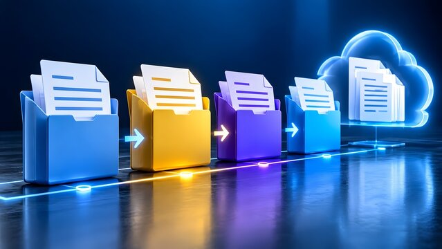 3D visualization of digital document files transferring through colorful folders along a glowing pathway towards a cloud storage network representing data migration and online backup