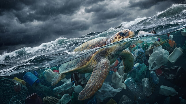 Sea turtle swimming through plastic pollution in a stormy ocean