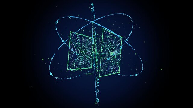 3D abstract model of atom box with orbital electrons data dots rotate. Futuristic concept for science, nuclear, chemistry and scientific research.