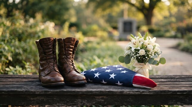 Brown military boots, folded american flag, and white lily bouquet on a wooden bench.