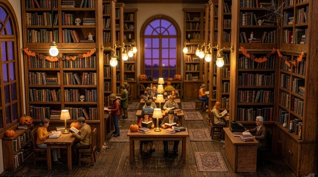 カボチャで飾られたハロウィンの図書館