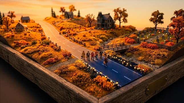 秋のミニチュア村を通るハロウィンロード