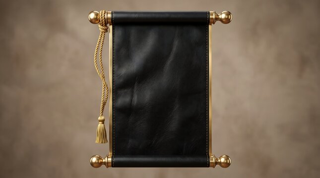 Luxury blank black leather scroll framed with golden metallic handles and a decorative gold tassel over a warm textured background.