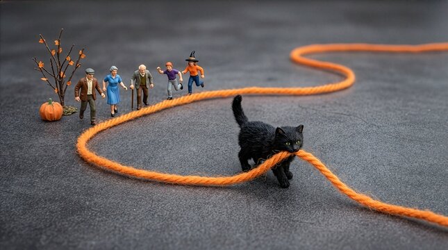 オレンジのロープを引く黒猫とハロウィンの人々