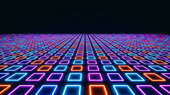 Abstract digital grid of glowing neon squares receding into a dark horizon with copy space