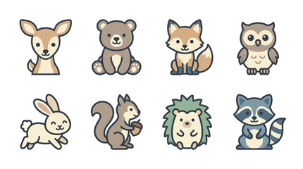 Obraz premium Cute Woodland Animals Vector Set - Kawaii Forest Creatures Icons Including Bear, Fox, Deer, Owl, Rabbit, Squirrel, Hedgehog, and Raccoon for Nursery and Graphic Design