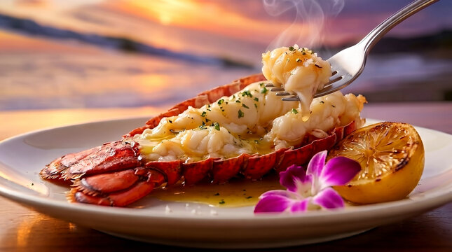 Gourmet grilled lobster tail served on a white plate with grilled lemon and orchid flower at a beach restaurant during a beautiful ocean sunset view