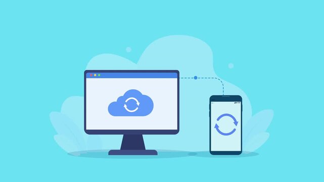 Flat vector animation showing cloud file synchronization between a desktop monitor and smartphone, with cloud and sync icons on a cyan background.