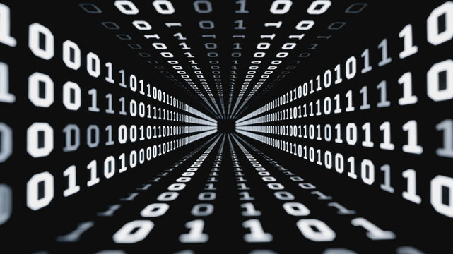 A perspective view of binary code forming a tunnel, representing digital data and virtual cyberspace.