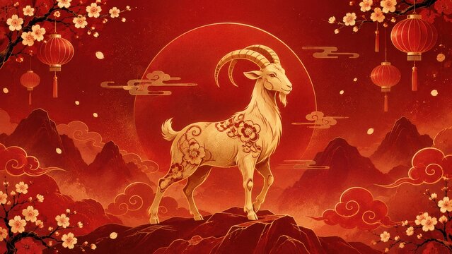 Chinese New Year 2027 Year of the Goat illustration with gold goat and red lanterns