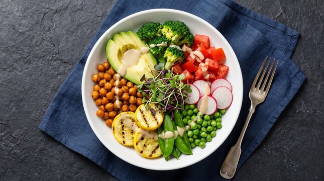 Fresh Vegan Grain Bowl with Broccoli Avocado Tomatoes and Chickpeas, Healthy Vegetarian Meal Bowl with Sliced Avocado Radish and Peas

