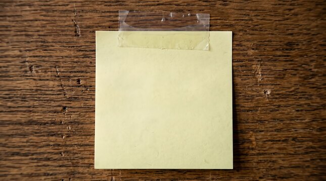 Blank square yellow note paper taped with clear adhesive tape onto a rustic dark wood surface.