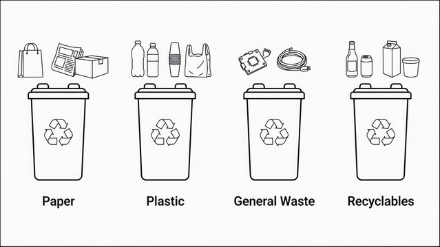 Recycling bin sorting icons with waste types isolated on white background. Useful for educational graphics on waste management and environmental sustainability awareness.