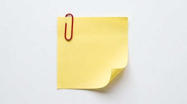 Blank yellow sticky note paper with a curled bottom corner and a red paper clip isolated on a white background.