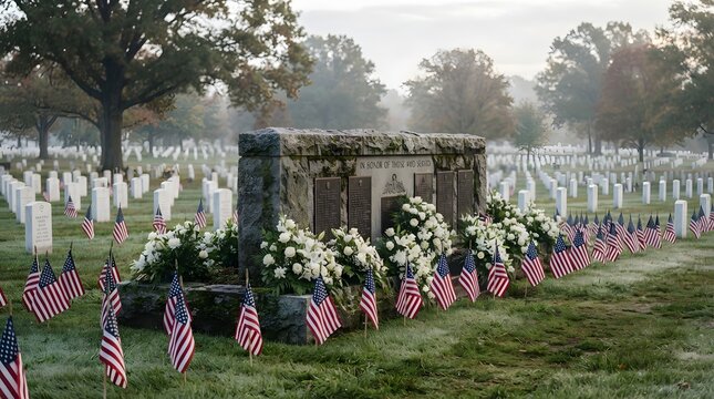 Stone memorial monument decorated with white flowers and american flags in a military cemetery.