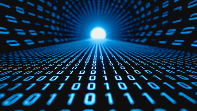 A futuristic digital tunnel formed by flowing binary code, leading to a bright glowing light at the end, representing data flow in cyberspace.