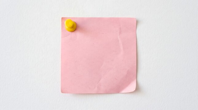 Blank pink note paper pinned with a yellow pushpin onto a textured white wall surface.