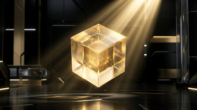 Futuristic Glowing Transparent Cube Structure.