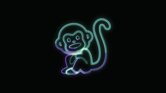  Monkey Icon Neon Seamless Loop 4K with Black Background Animated Promotional Typography for Video Editing