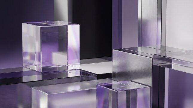 Purple and silver geometric shapes with reflective surfaces