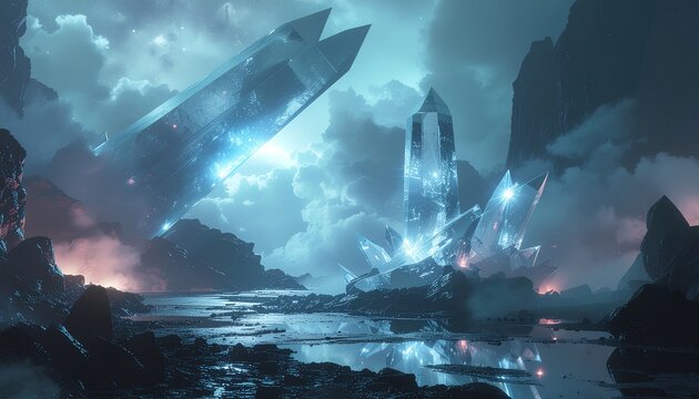 Mysterious crystalline landscape at twilight, featuring towering blue glowing crystals reflecting in dark waters under a cloudy, atmospheric sky, evoking a magical fantasy realm