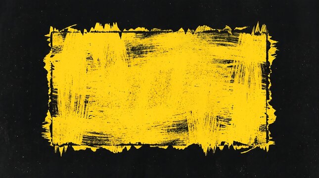 Bold grunge yellow paint stroke frame with rough edges centered on a dark black background.