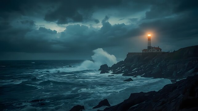 Lighthouse on Rocky Coast Facing a Powerful Tsunami Wave