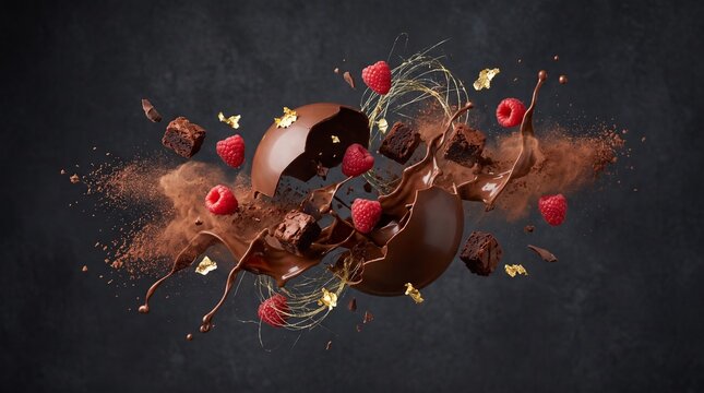 Chocolate dessert exploding into floating ingredients frozen in midair, premium commercial food photography, sharp focus, dark elegant background