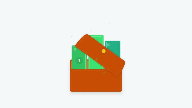 Yellow Button Wallet With Growing Banknotes Orange Green Flat Animation