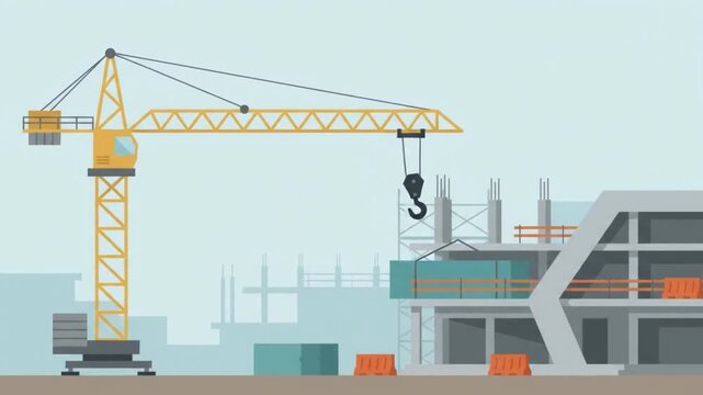Modern Industrial Construction Site with Yellow Tower Crane Vector