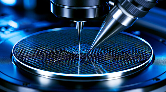 シリコンウェハーを精密プローブで測定する半導体検査装置のクローズアップ Close-up of semiconductor inspection equipment measuring a silicon wafer with a precision probe