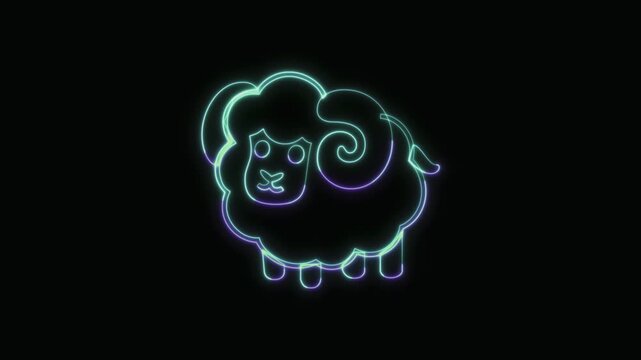  Ram Animal Icon Neon Seamless Loop 4K with Black Background Animated Promotional Typography for Video Editing