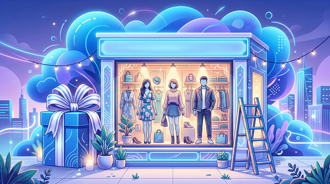 Neon-lit storefront with mannequins showcasing apparel and accessories, symbolizing retail, fashion, and urban shopping experiences, with a large gift box.