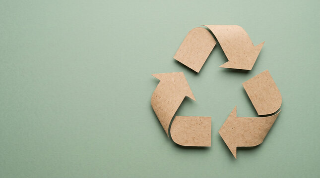 Recycle symbol made of cardboard paper texture isolated on a light green background, concept of sustainability and environmental protection