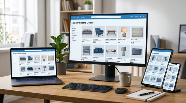 Multiple electronic devices displaying an online furniture and accessories store, showcasing e-commerce, and modern home goods selection