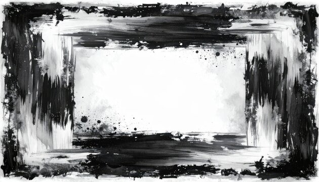 Abstract distress background layout featuring a border frame designed with black and white rough brush stroke texture, hand drawn layered paint edge elements for banner decoration graphic clip art