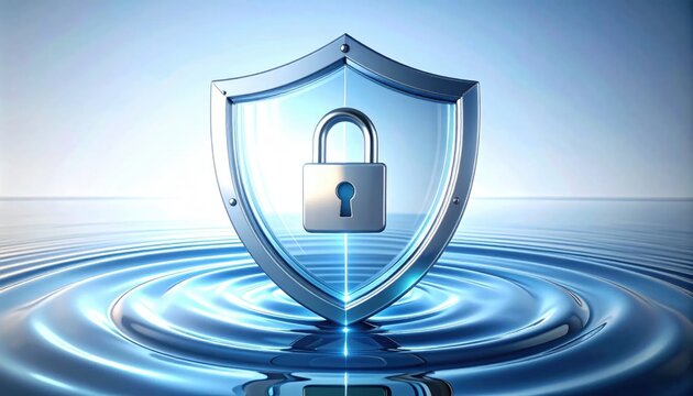 Enterprise cyber defense and data privacy protection concept featuring a transparent glass cybersecurity shield with firewall and padlock standing over rippling blue water surface background