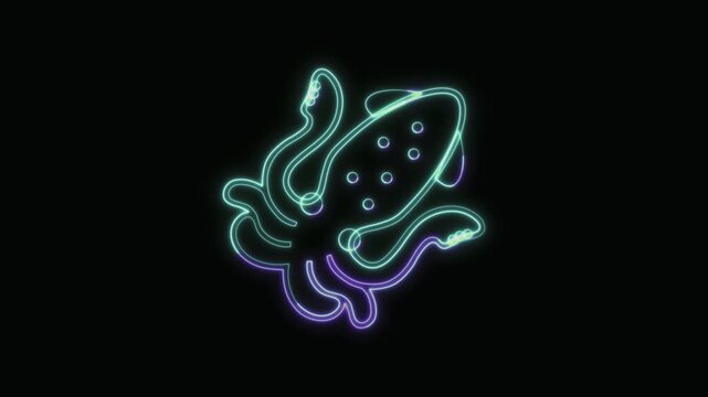  Squid Icon Neon Seamless Loop 4K with Black Background Animated Promotional Typography for Video Editing