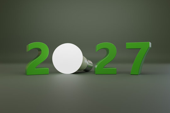 Year 2027 in three dimensions with led light bulb. New year concept. 3d illustration.