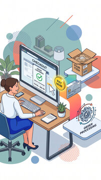 Online checkout scene with woman buying item, credit card, and order processing graphic, symbolizing e-commerce and digital shopping