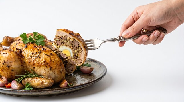Hand Taking Slice of Ayam Kodok Stuffed Chicken for Christmas Feast on Flat White Background