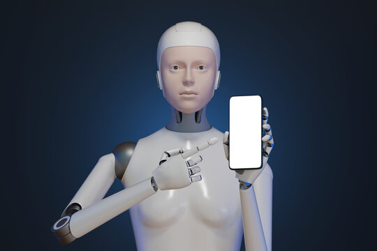 Portrait of a female humanoid robot showing a mobile phone screen. 3d illustration.