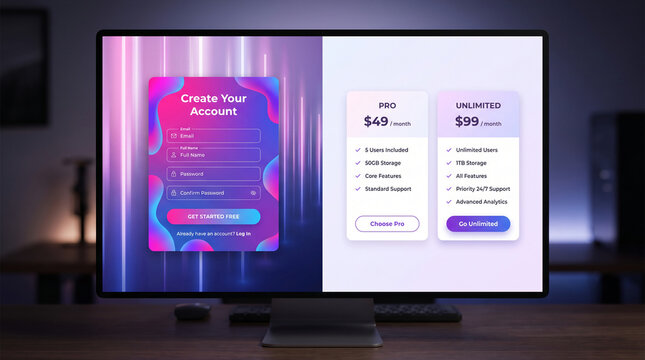 A computer screen displaying a signup form and pricing plans, symbolizing digital service, user interface design, and business solutions