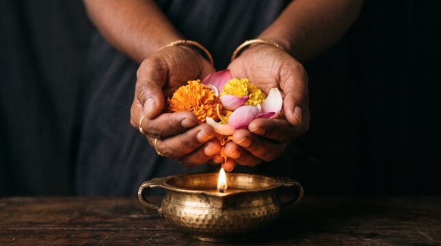 Person Holding a Traditional Offering with Marigold Flowers and Candles in a Brass Plate.